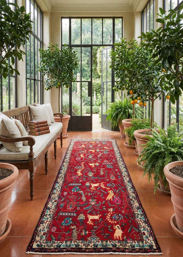 4' 2 x 9' 5 Hand Knotted Hamedan Persian Wool Runner Rug