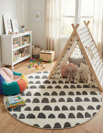 Ivory and Gray Whimsy Kids Round Rug