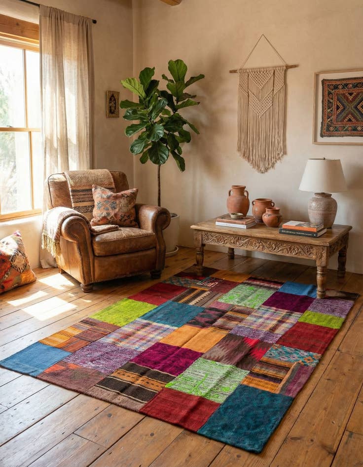 Detail image of  3' 11 x 5' 10  Hand Woven Kilim Patchwork Wool Rug