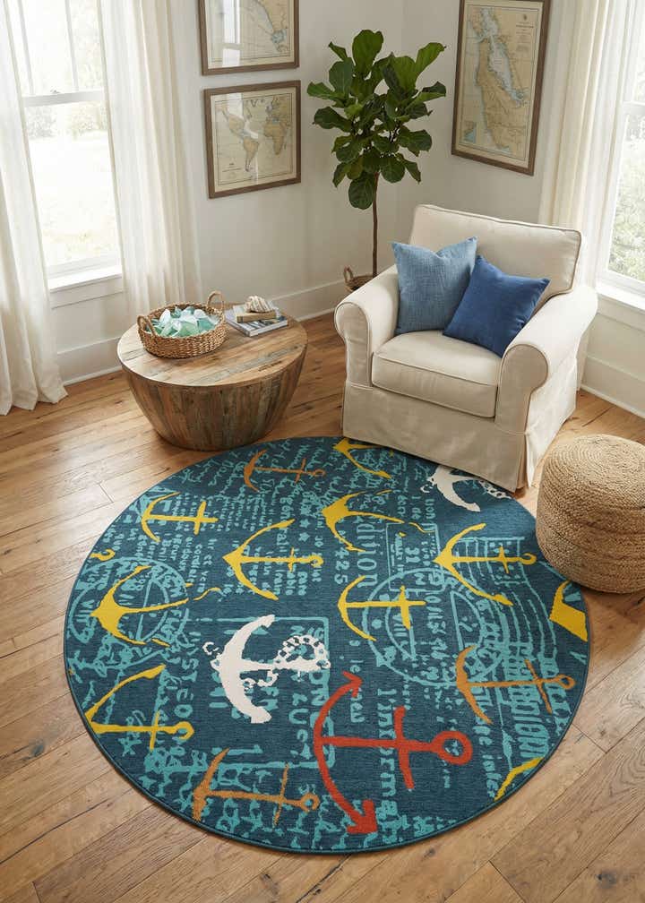7' 10 x 7' 10 Easy-Clean Coastal Indoor / Outdoor Round Rug