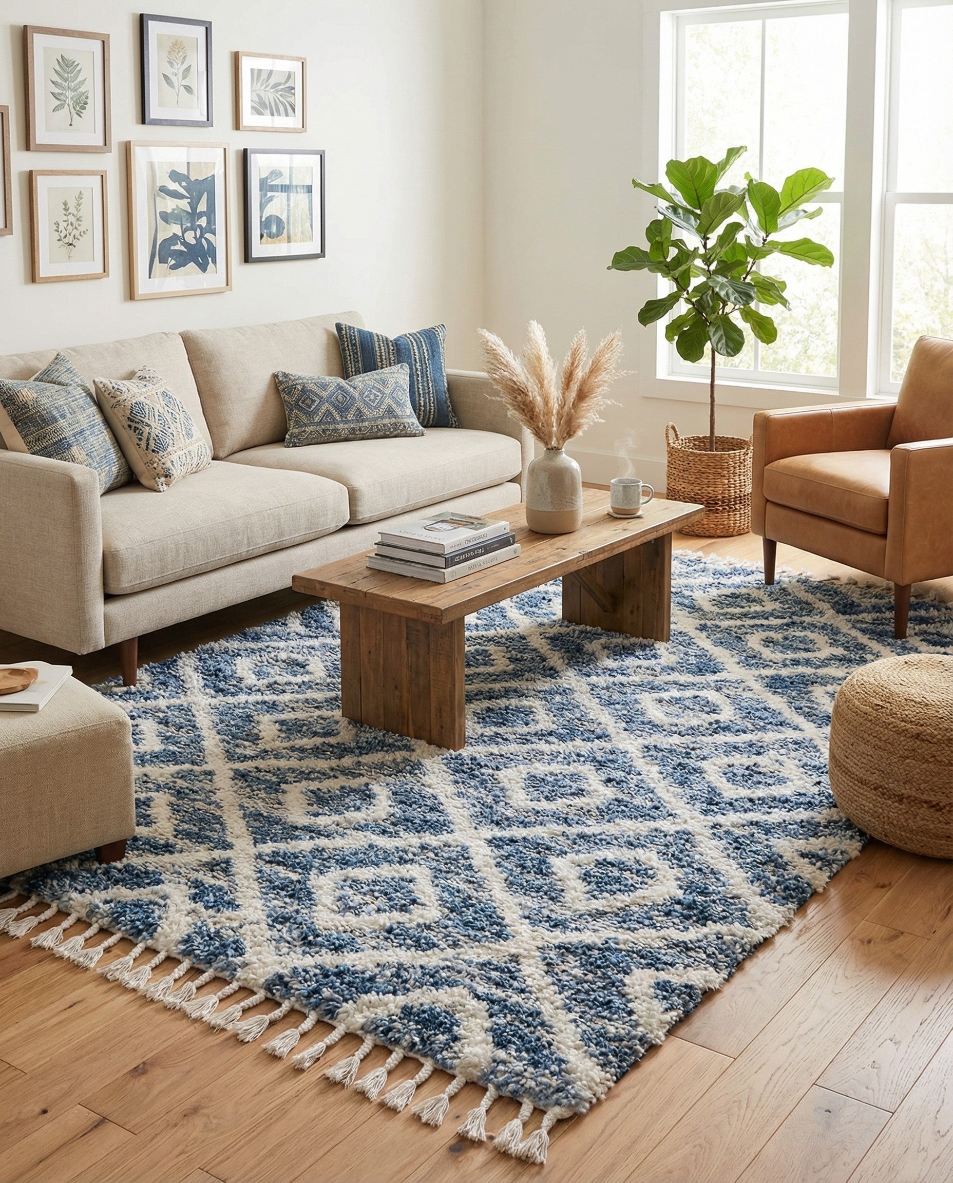 A 9x12 rectangular blue shag rug with a white and light blue geometric diamond pattern and fringed edges.