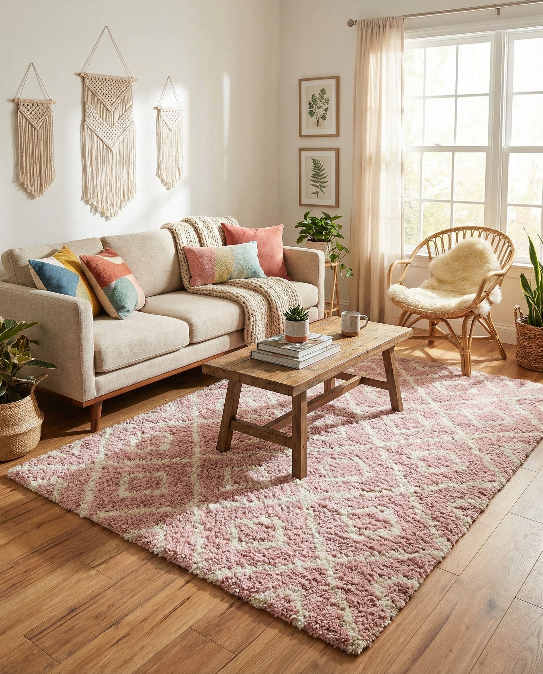 A soft pink square shag rug with a subtle cream modern lattice pattern, featuring a textured high/low pile.
