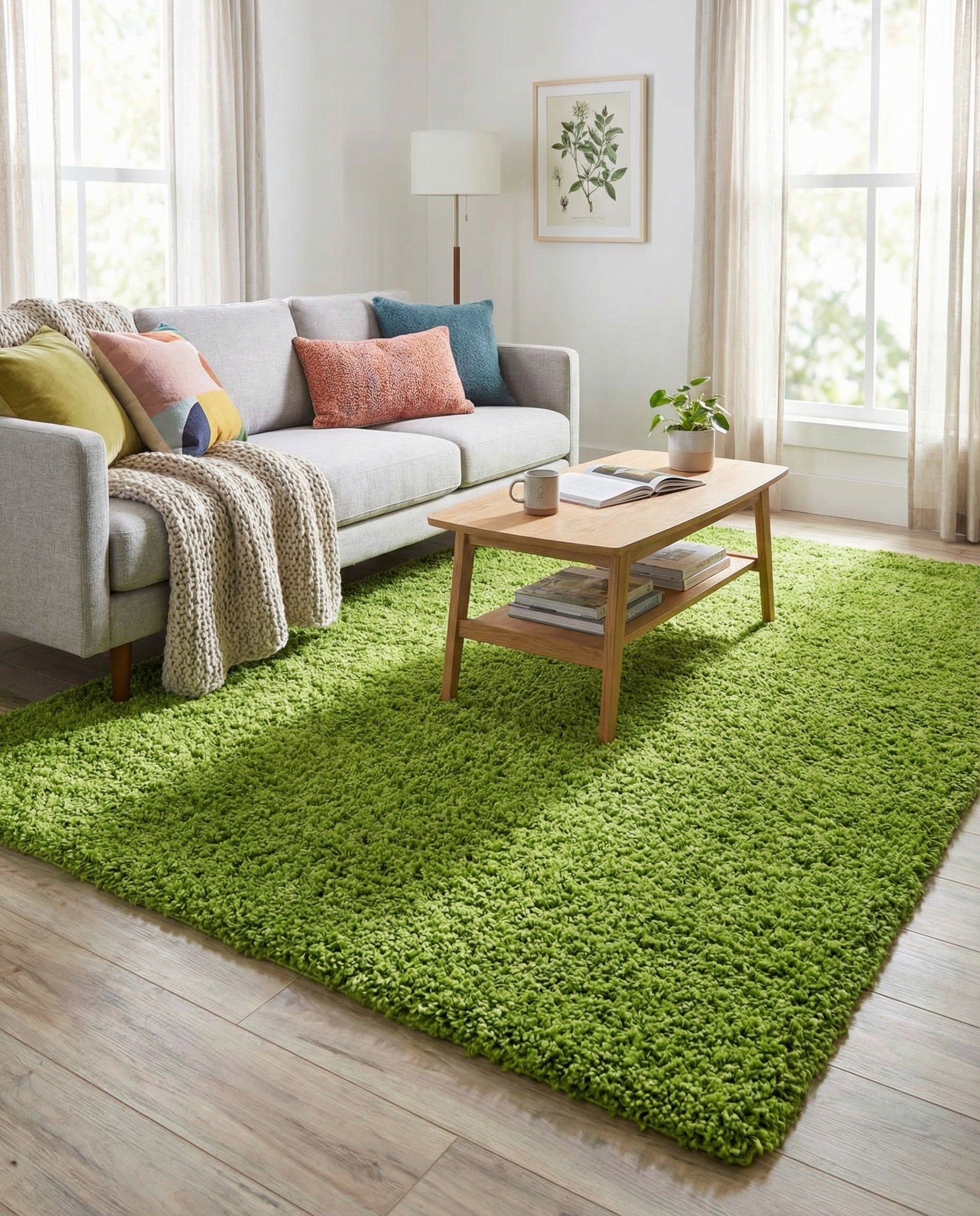 A vibrant 5x8 rectangular green shag rug with a plush, textured pile, perfect for a modern living room or bedroom.