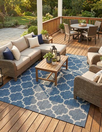 Navy Blue Easy-Clean Trellis Indoor / Outdoor Rug