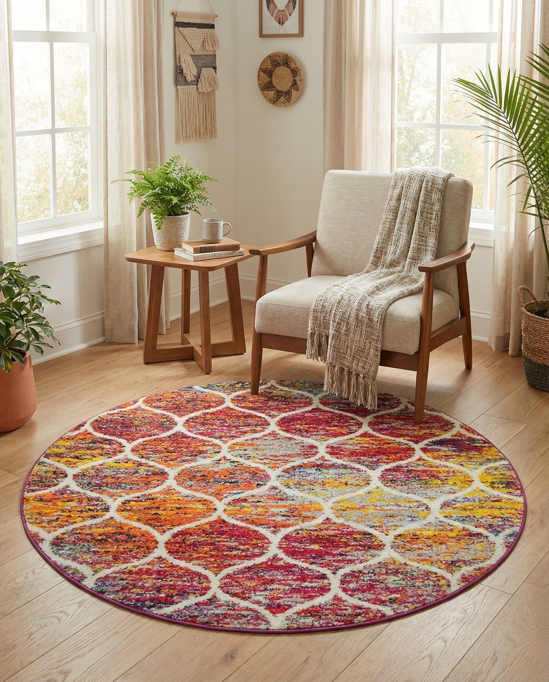 A 4' round multi-colored modern trellis rug with a vibrant abstract pattern and white lattice overlay.