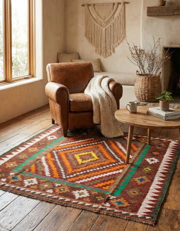 3' 7 x 4' Hand Woven Kilim Fars Wool Square Rug