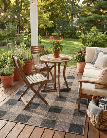 Black and Brown Easy-Clean Checkered Indoor / Outdoor Rug