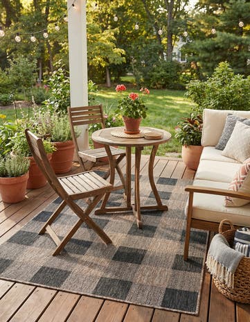 Black and Brown Easy-Clean Checkered Indoor / Outdoor Rug