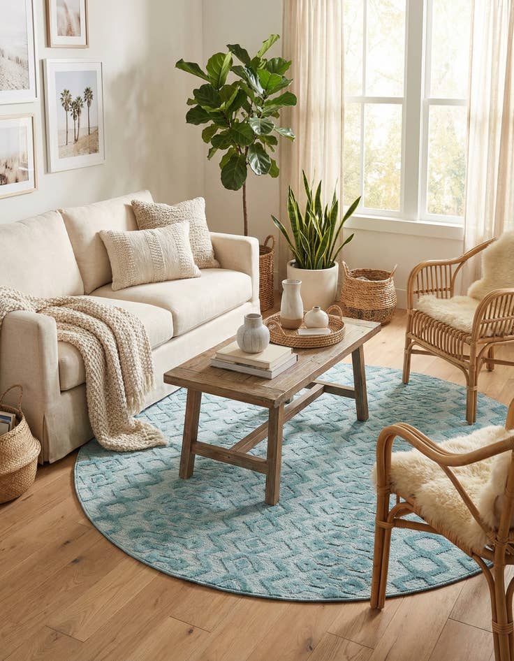 Detail image of 7' x 7'  Washable Trellis Textured Indoor / Outdoor Round Rug