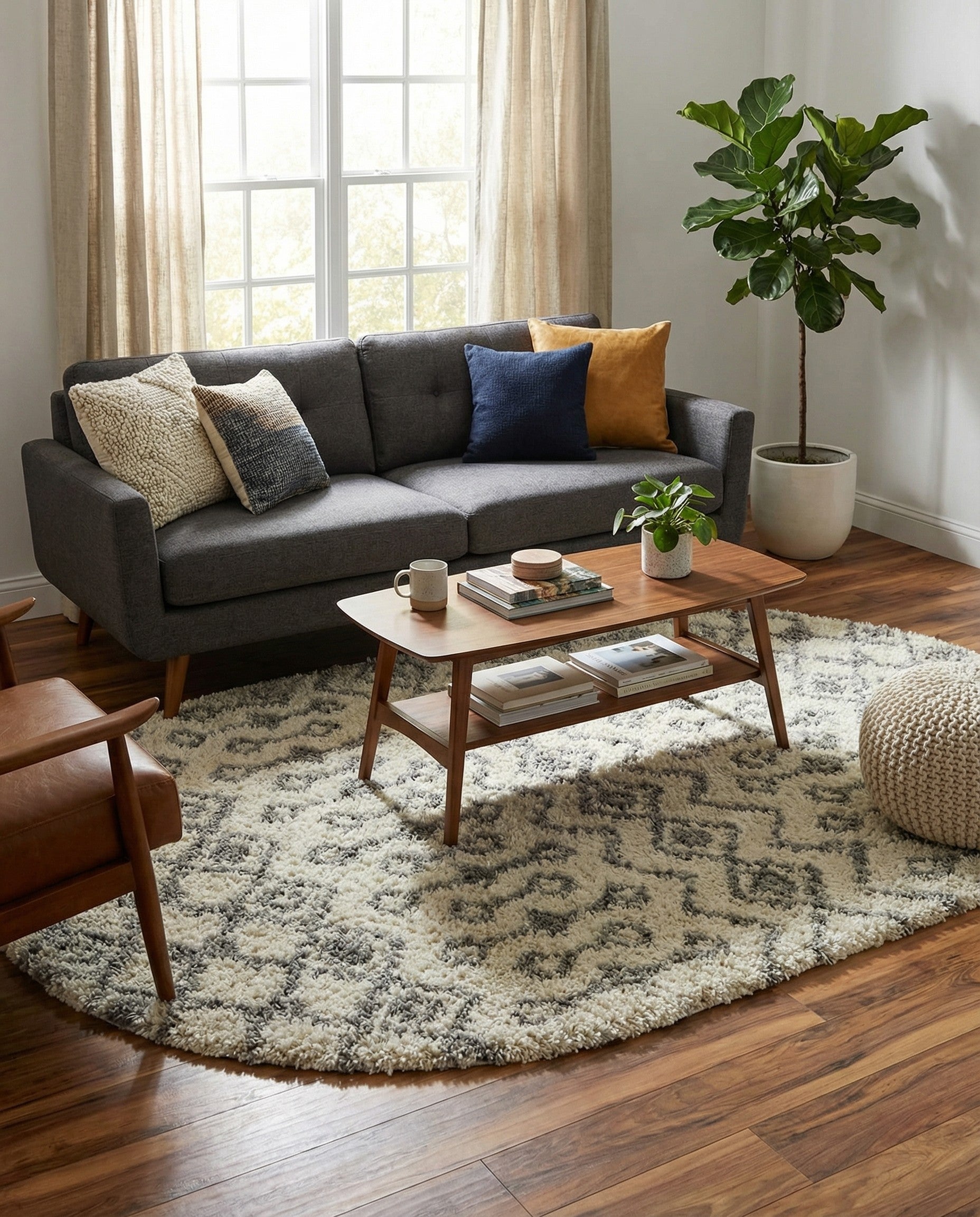 An oval ivory shag rug with a textured gray tribal pattern, featuring diamonds and abstract shapes.