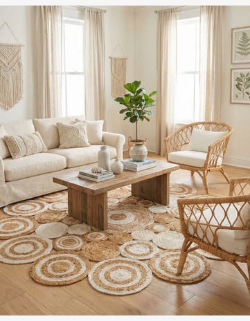 Natural and White Handmade Braided Jute Round Rug