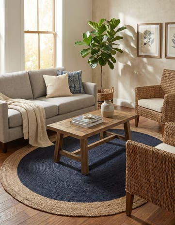 Navy Blue Handmade Braided Jute Oval Rug