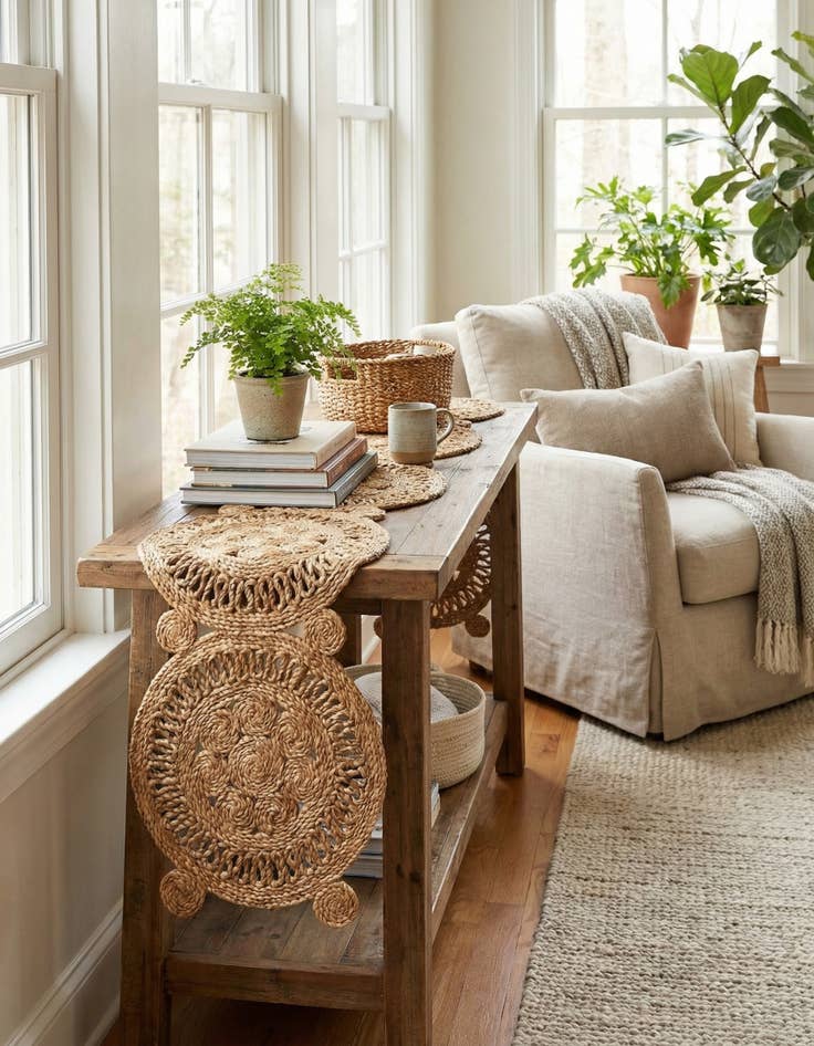 Detail image of 1' 4 x 4' 1  Hand Braided Jute Table Runner Rug
