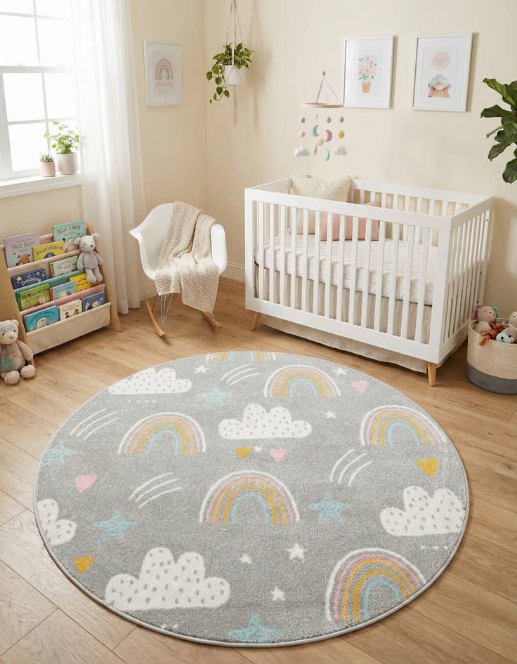 Detail image of  5' 3 x 5' 3 Clouds and Rainbows Whimsy Kids Round Rug