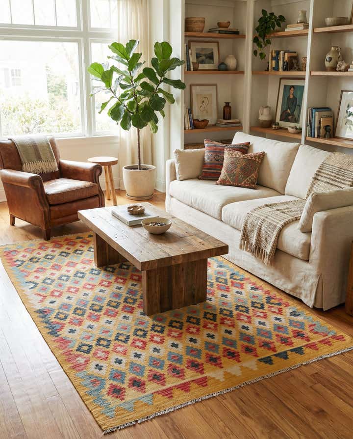 4' 2 x 6' 2 Hand Woven Kilim Maymana Wool Rug