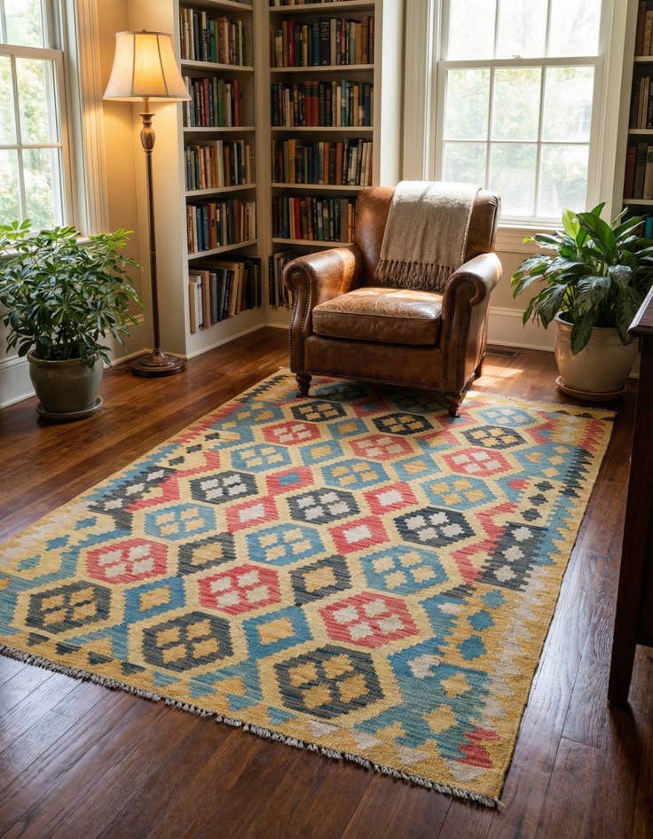 Detail image of 4' 2 x 5' 10  Hand Woven Kilim Maymana Wool Rug