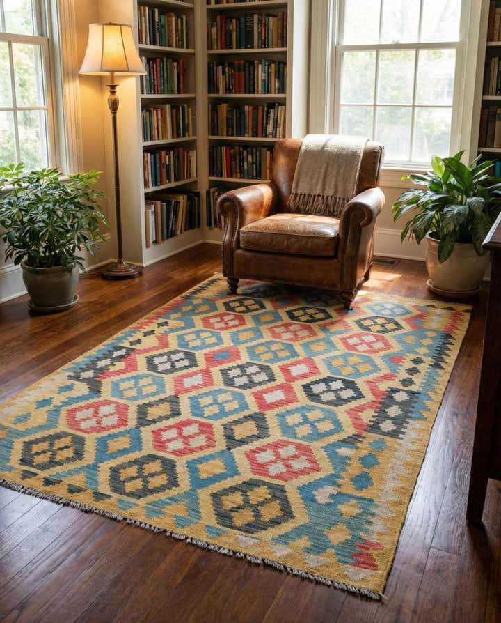 4' 2 x 5' 10 Hand Woven Kilim Maymana Wool Rug