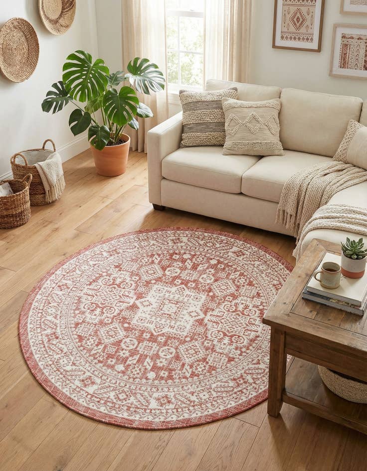 Detail image of 5' 3 x 5' 3  Washable Aztec Indoor / Outdoor Round Rug