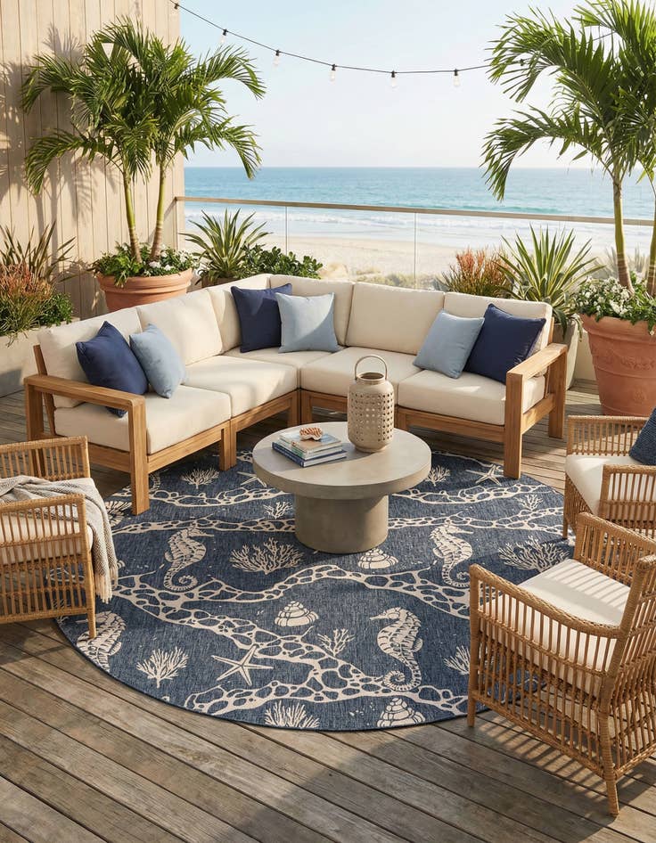 Detail image of  13' x 13'  Washable Coastal Indoor / Outdoor Round Rug