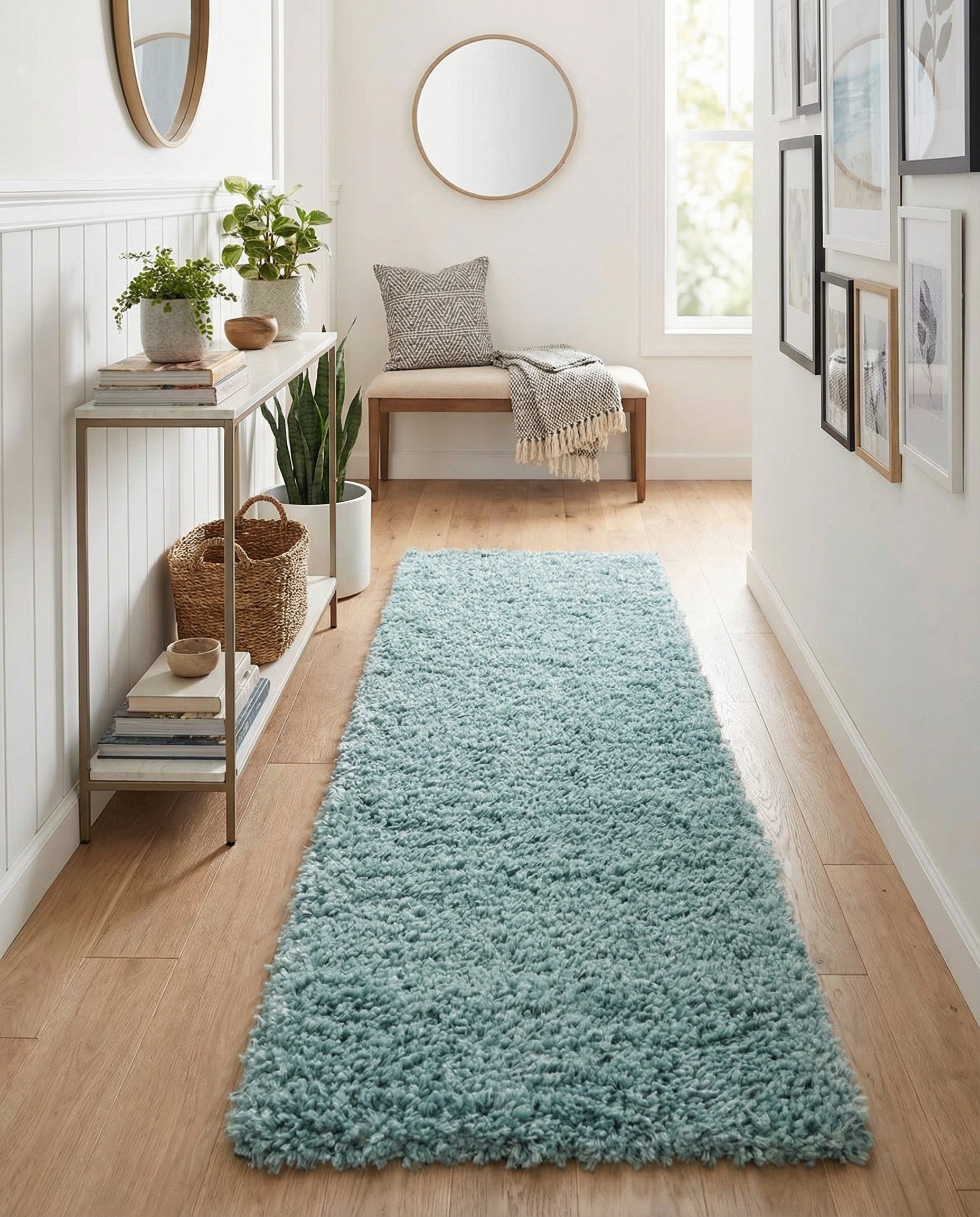 A long 13 ft runner rug in a solid blue color with a plush shag pile, perfect for a hallway.