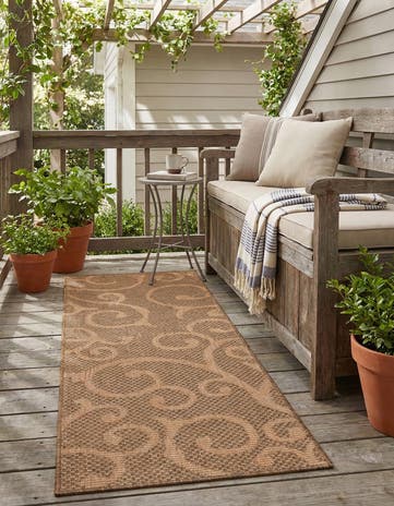 Brown Easy-Clean Botanical Indoor / Outdoor Runner Rug
