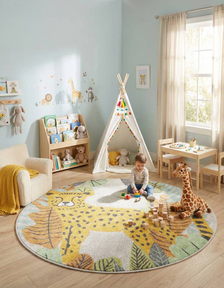 Detail image of 5' 3 x 5' 3 Leopard Whimsy Kids Round Rug