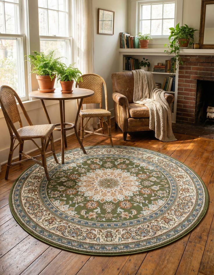 Detail image of 4' 1 x 4' 1  Washable Traditional Indoor / Outdoor Round Rug