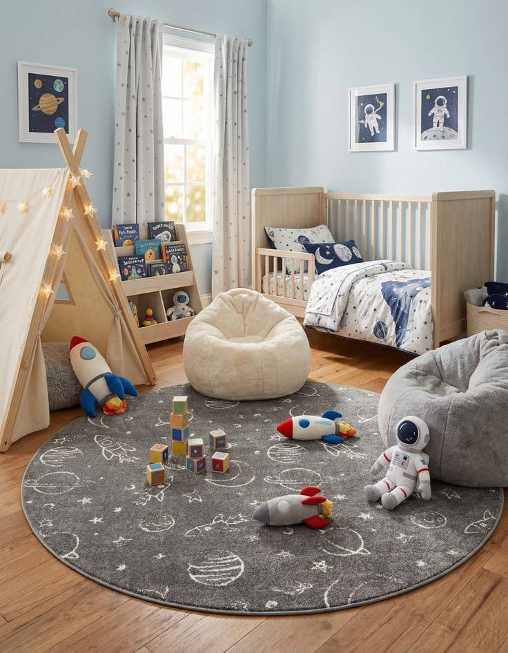 Detail image of 7' 10 x 7' 10 Planets Whimsy Kids Round Rug