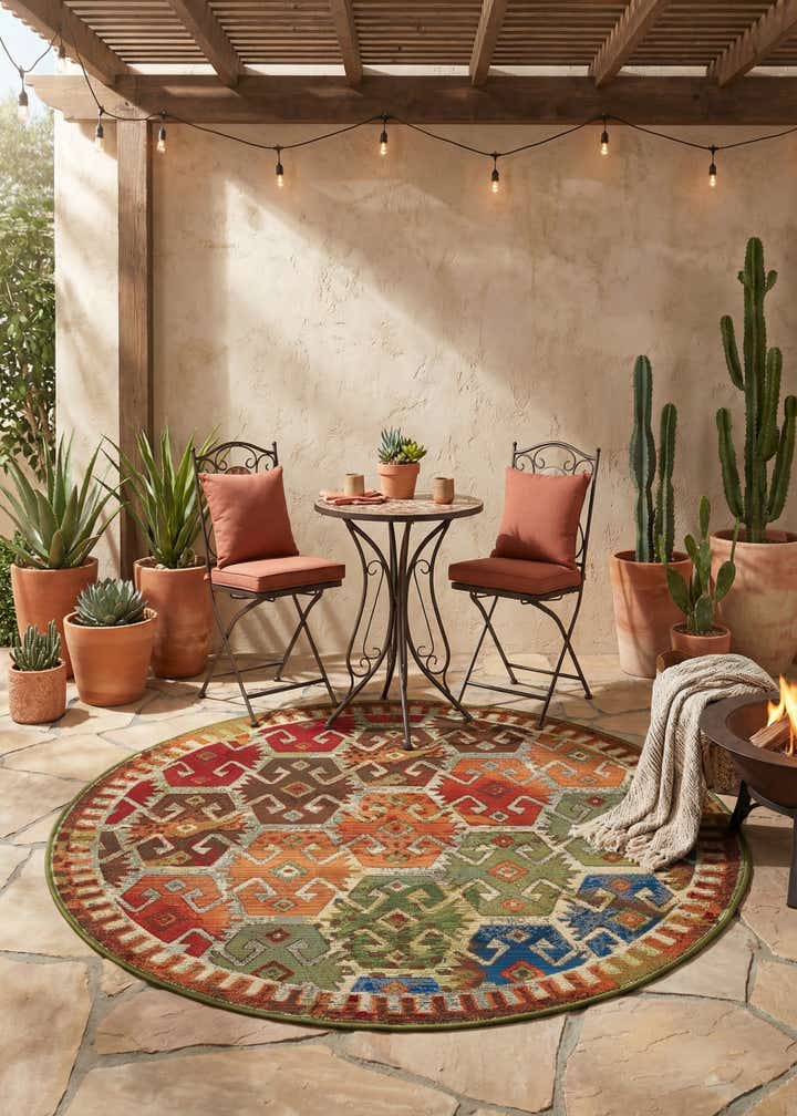 4' x 4' Easy-Clean Southwestern Indoor / Outdoor Round Rug