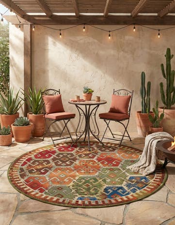Easy-Clean Southwestern Indoor / Outdoor Round Rug