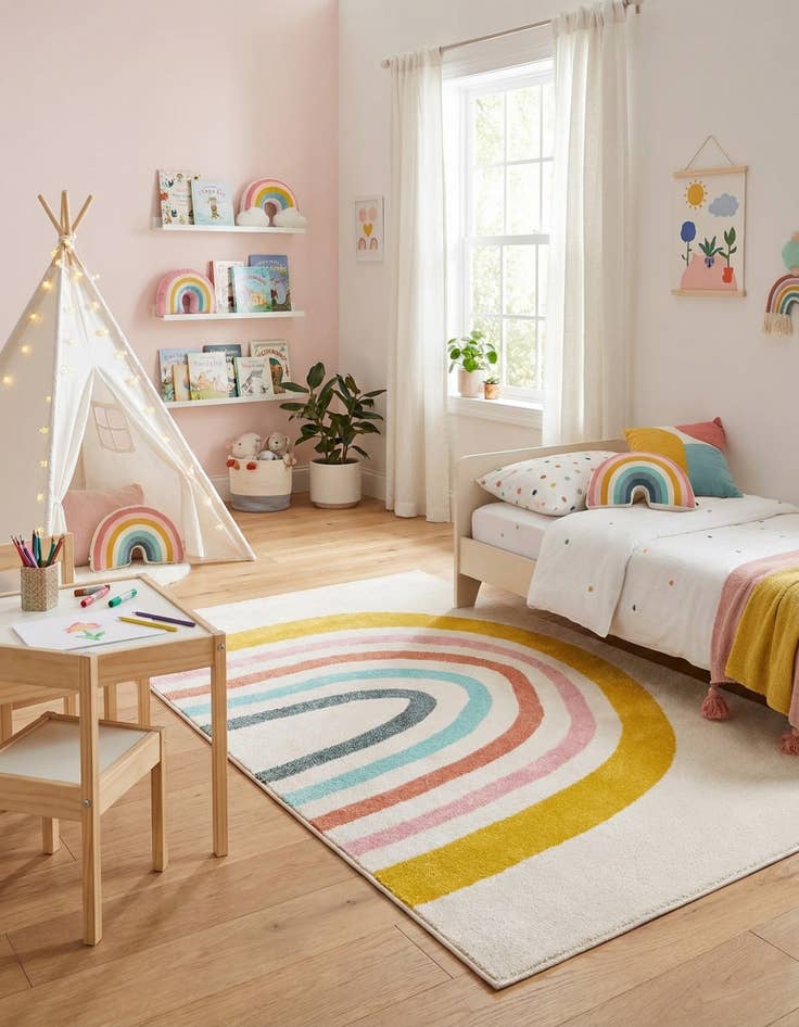 Detail image of 5' 3 x 8' Rainbow Whimsy Kids Rug