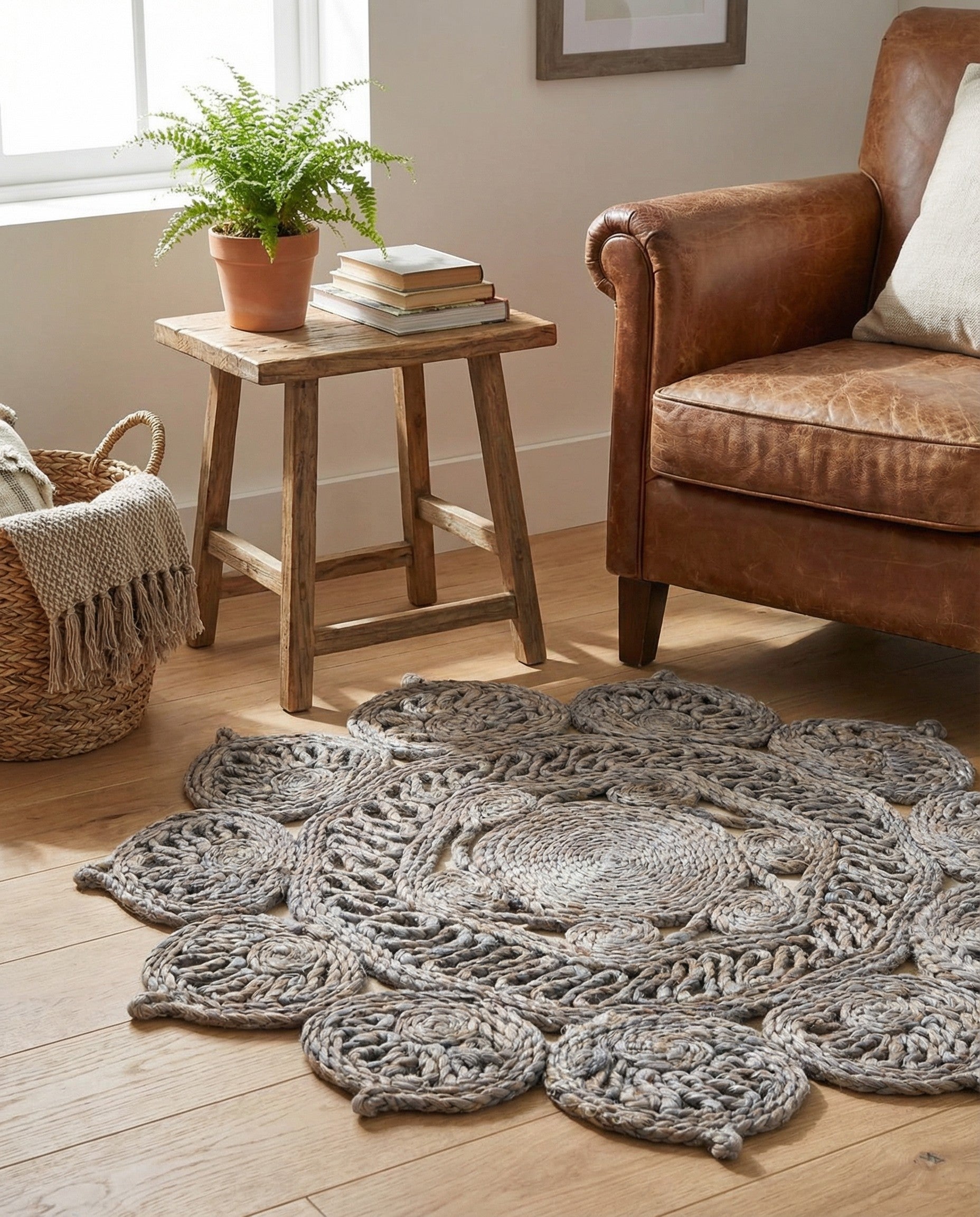A round, gray braided jute rug with a floral-inspired pattern, featuring a central spiral and surrounding petal-like motifs.