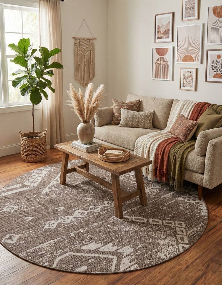Detail image of 7' 10 x 7' 10 Easy-Clean Bohemian Indoor / Outdoor Round Rug