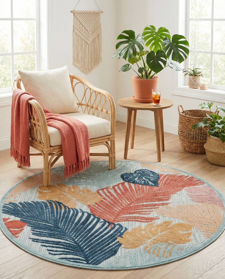 Detail image of 4' 5 x 4' 5 Easy-Clean Botanical Indoor / Outdoor Round Rug