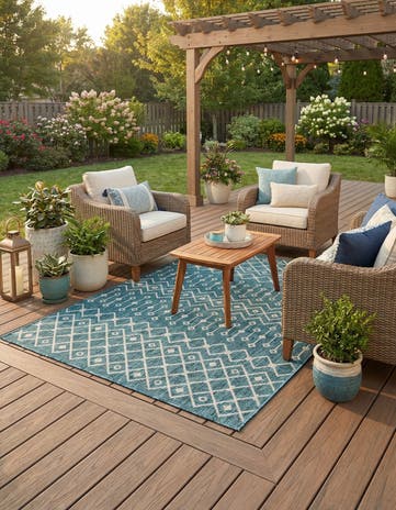 Teal Easy-Clean Lattice Indoor / Outdoor Rug