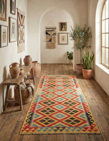 3' 4 x 6' 8 Hand Woven Kilim Maymana Wool Runner Rug
