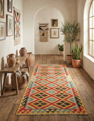 3' 4 x 6' 8 Hand Woven Kilim Maymana Wool Runner Rug