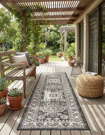 Charcoal Gray Easy-Clean Aztec Indoor / Outdoor Runner Rug