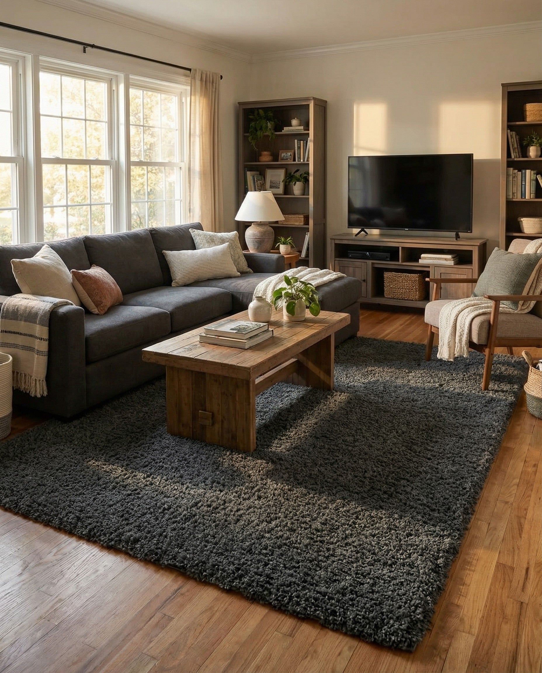 A 5x8 rectangular gray shag rug with a plush, textured pile, perfect for a modern living room or bedroom.