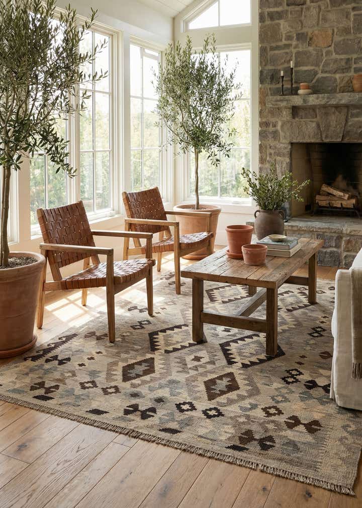 4' 11 x 6' 8 Hand Woven Kilim Maymana Wool Rug