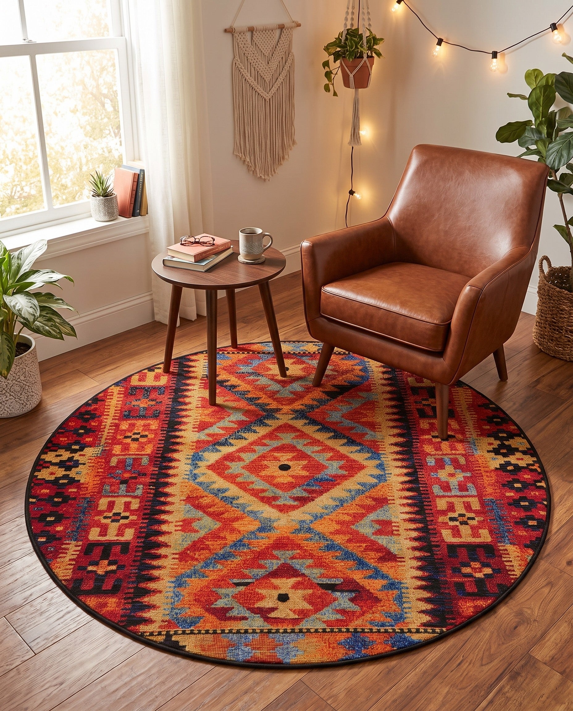 4' x 4' Easy-Clean Tribal Indoor / Outdoor Round Rug