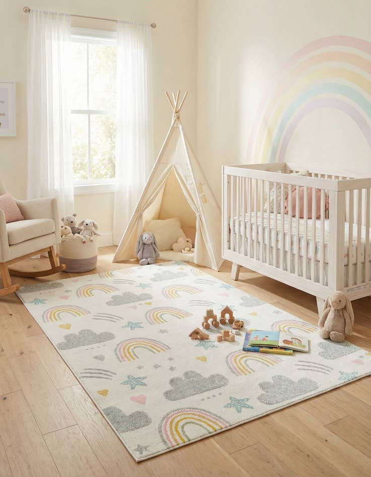 Detail image of 5' 3 x 8' Clouds and Rainbows Whimsy Kids Rug