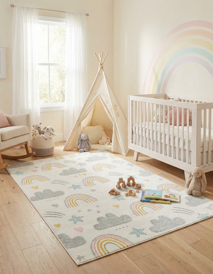 5' 3 x 8' Clouds and Rainbows Whi...