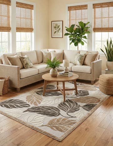 Beige Easy-Clean Botanical Indoor / Outdoor Rug