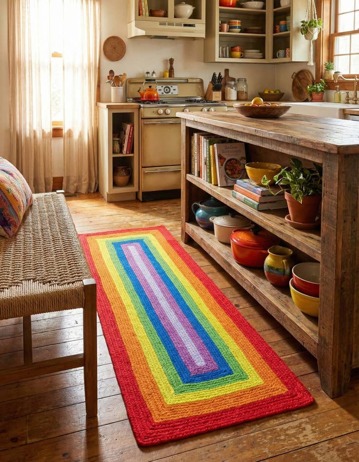 Detail image of 2' x 5' 1  Hand Hand Braided Rainbow Wool Runner Rug