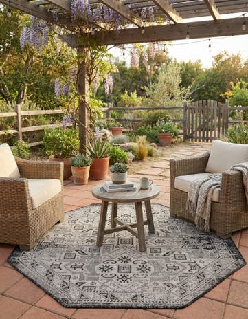 Charcoal Gray Easy-Clean Aztec Indoor / Outdoor Octagon Rug