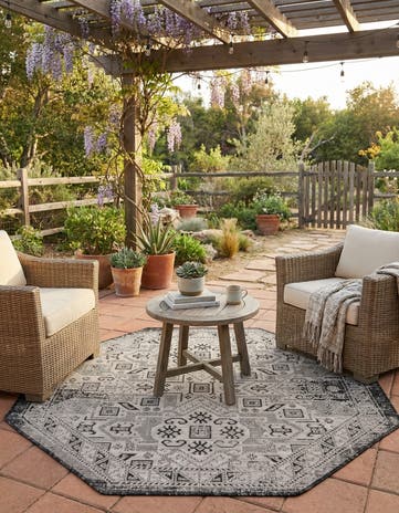 Charcoal Gray Easy-Clean Aztec Indoor / Outdoor Octagon Rug