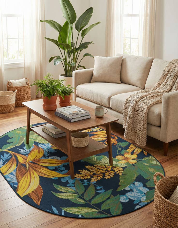 Detail image of  4' x 6'  Washable Botanical Indoor / Outdoor Oval Rug