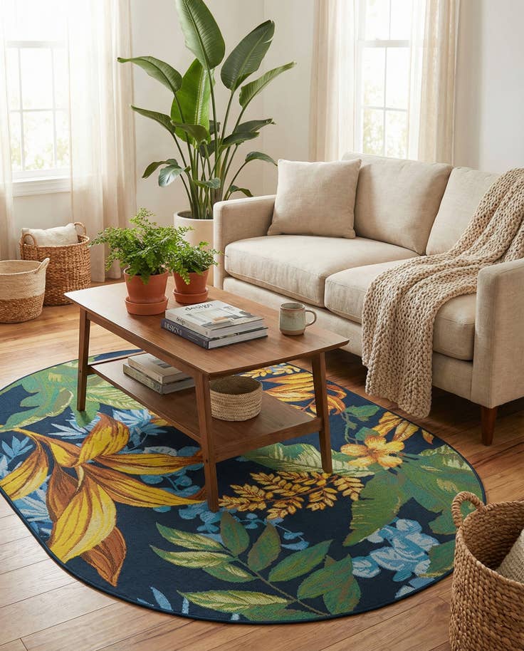 Detail image of 4' x 6' Easy-Clean Botanical Indoor / Outdoor Oval Rug