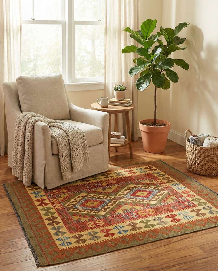 3' 2 x 3' 8 Hand Woven Kilim Maymana Wool Square Rug